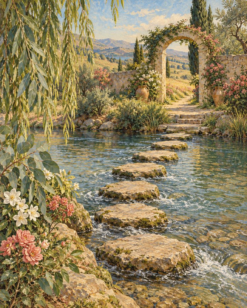 Rio de jardim pela manhã, sete pedras atravessando de uma margem à outra.